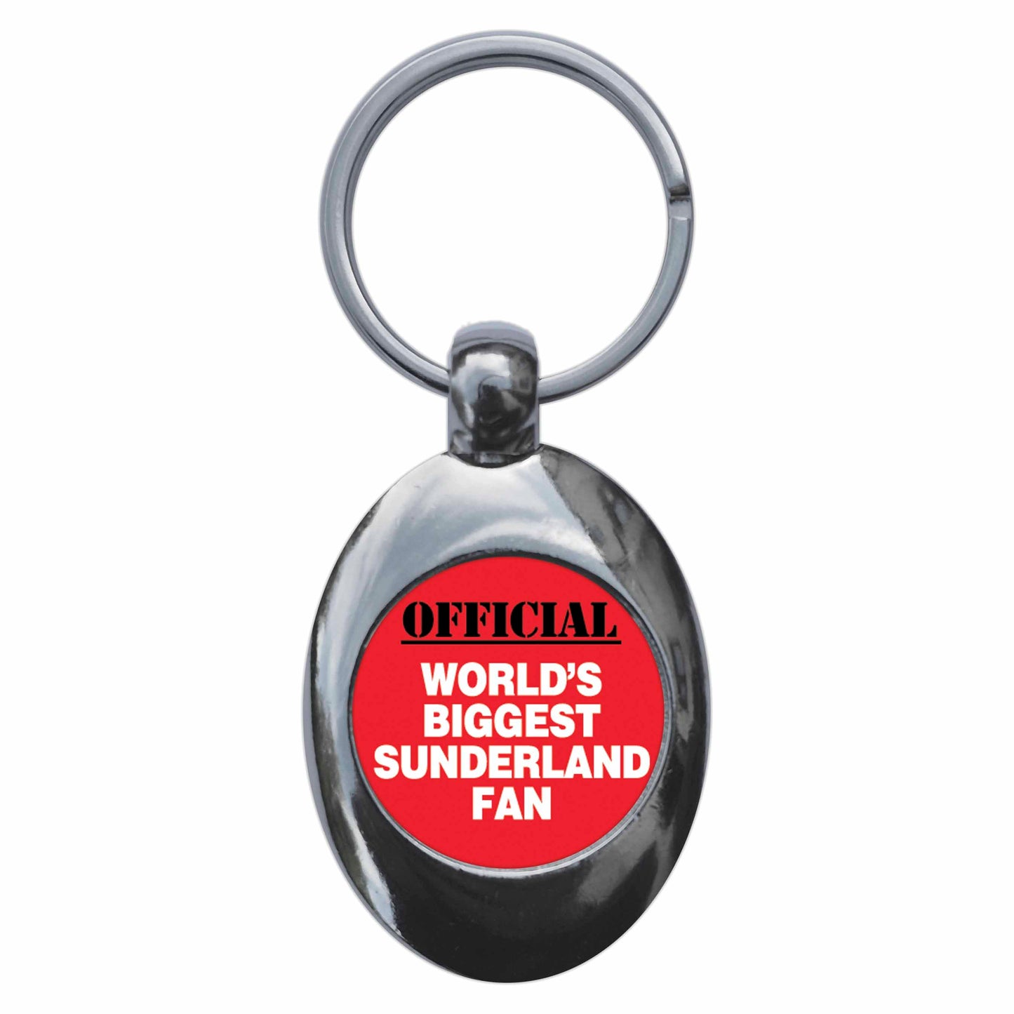 A picture of the front of the product, titled World's Biggest Sunderland Fan Metal Keyring With Trolley Coin