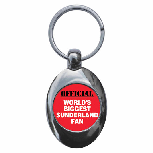 A picture of the front of the product, titled World's Biggest Sunderland Fan Metal Keyring With Trolley Coin