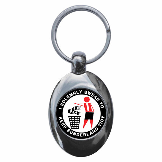 A picture of the front of the product, titled I Solemnly Swear To Keep Sunderland Tidy Metal Keyring With Trolley Coin