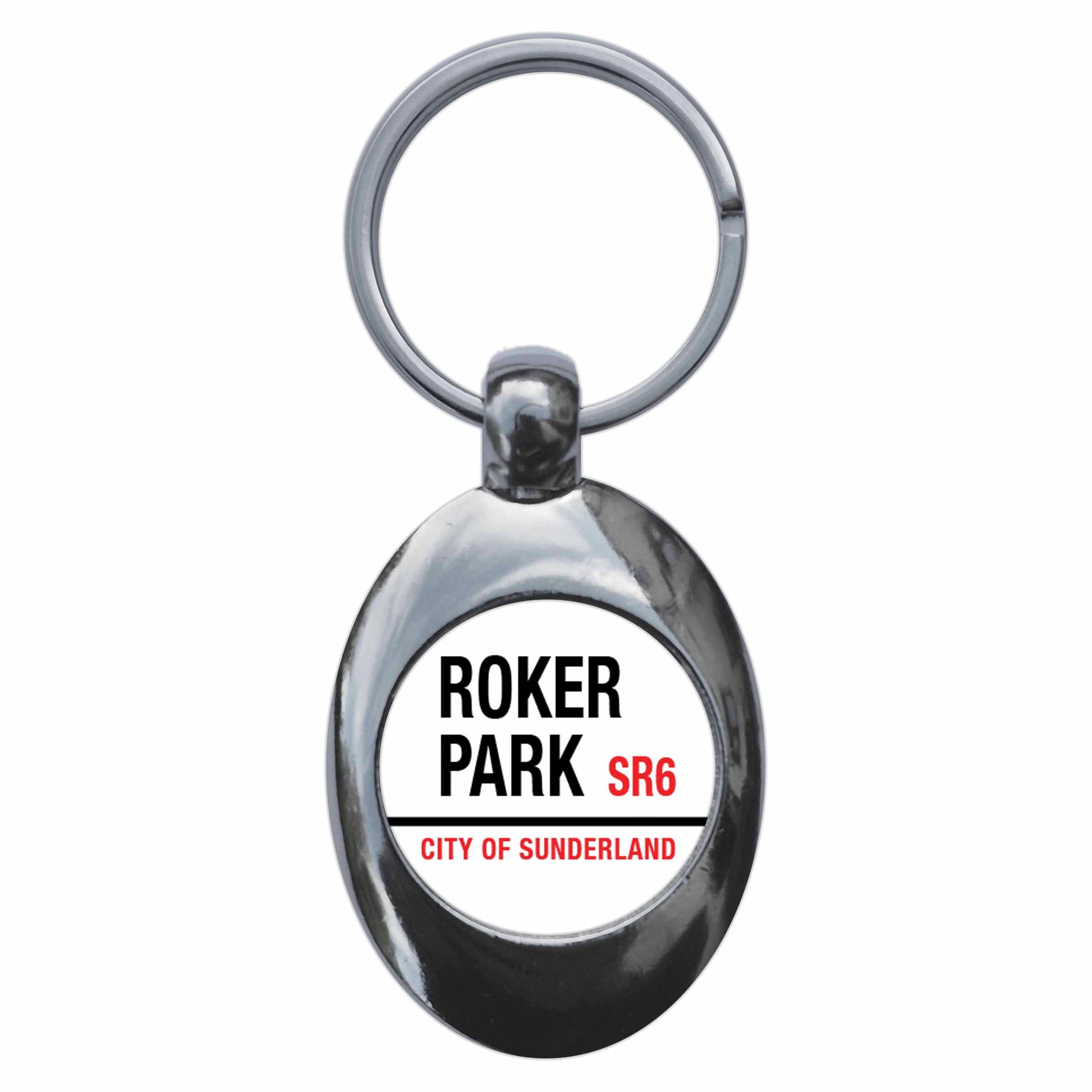 A picture of the front of the product, titled Roker Park SR6 City Of Sunderland Road Sign Metal Keyring With Trolley Coin