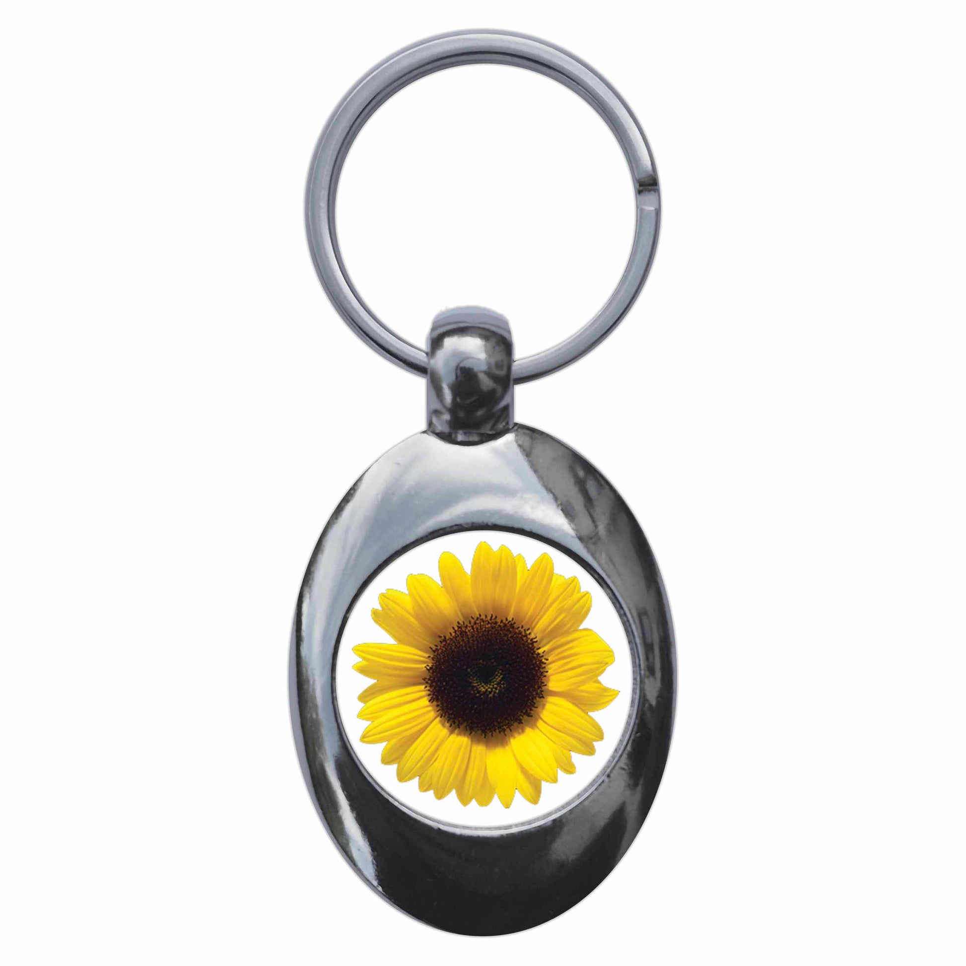 A picture of the front of the product, titled Sunflower Metal Keyring With Trolley Coin