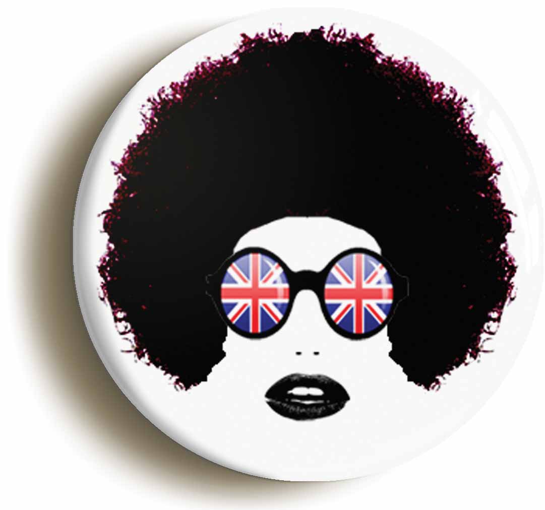 A picture of the front of the product, titled Afro Hair Disco Girl Retro 1970s Seventies Button Pin Badge