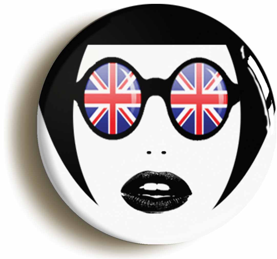 A picture of the front of the product, titled Mod Sunglasses Girl Retro Sixties 1960s Button Pin Badge