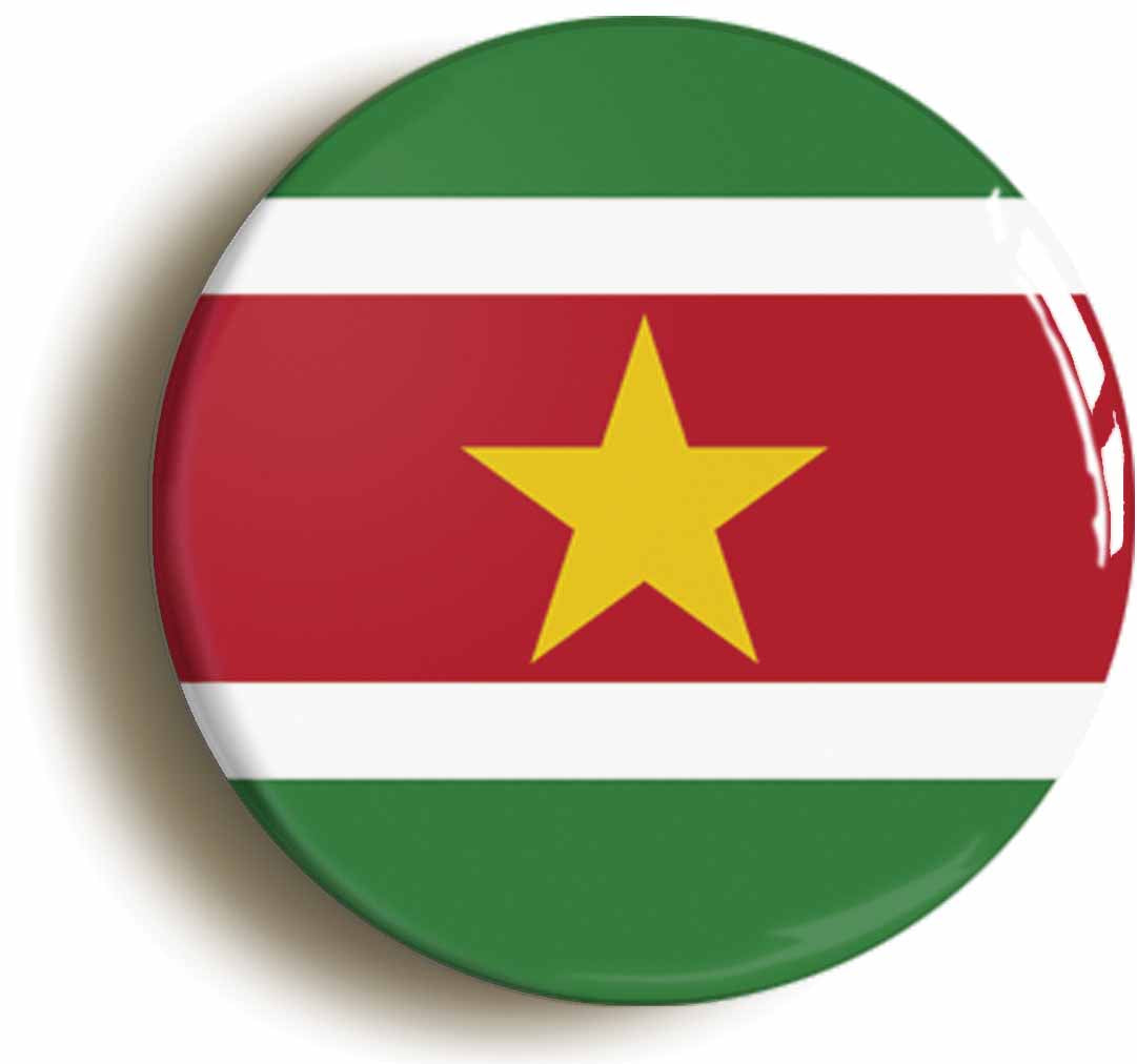 A picture of the front of the product, titled Suriname Surinamese National Flag Button Pin Badge