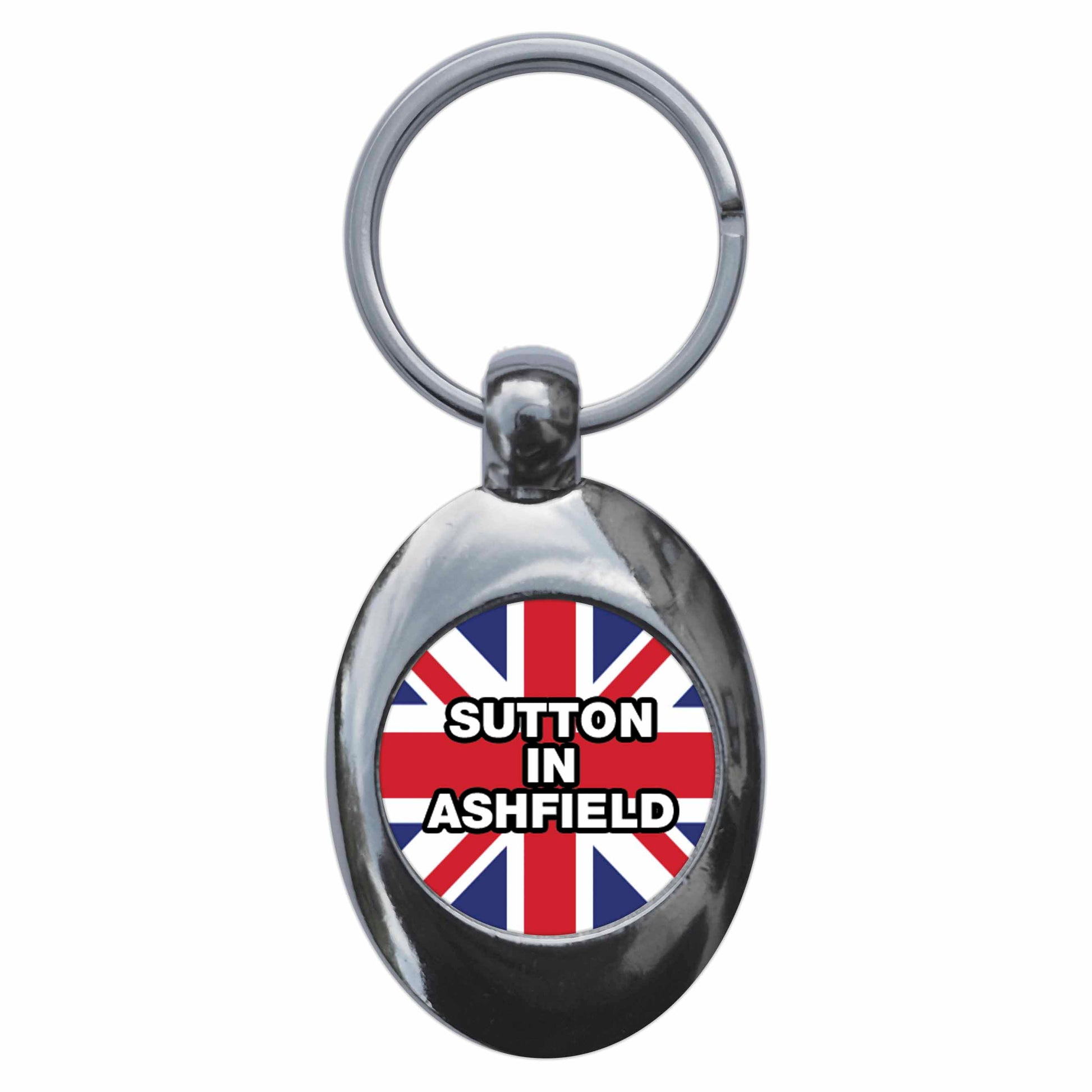 A picture of the front of the product, titled Sutton In Ashfield Union Jack Metal Keyring With Trolley Coin