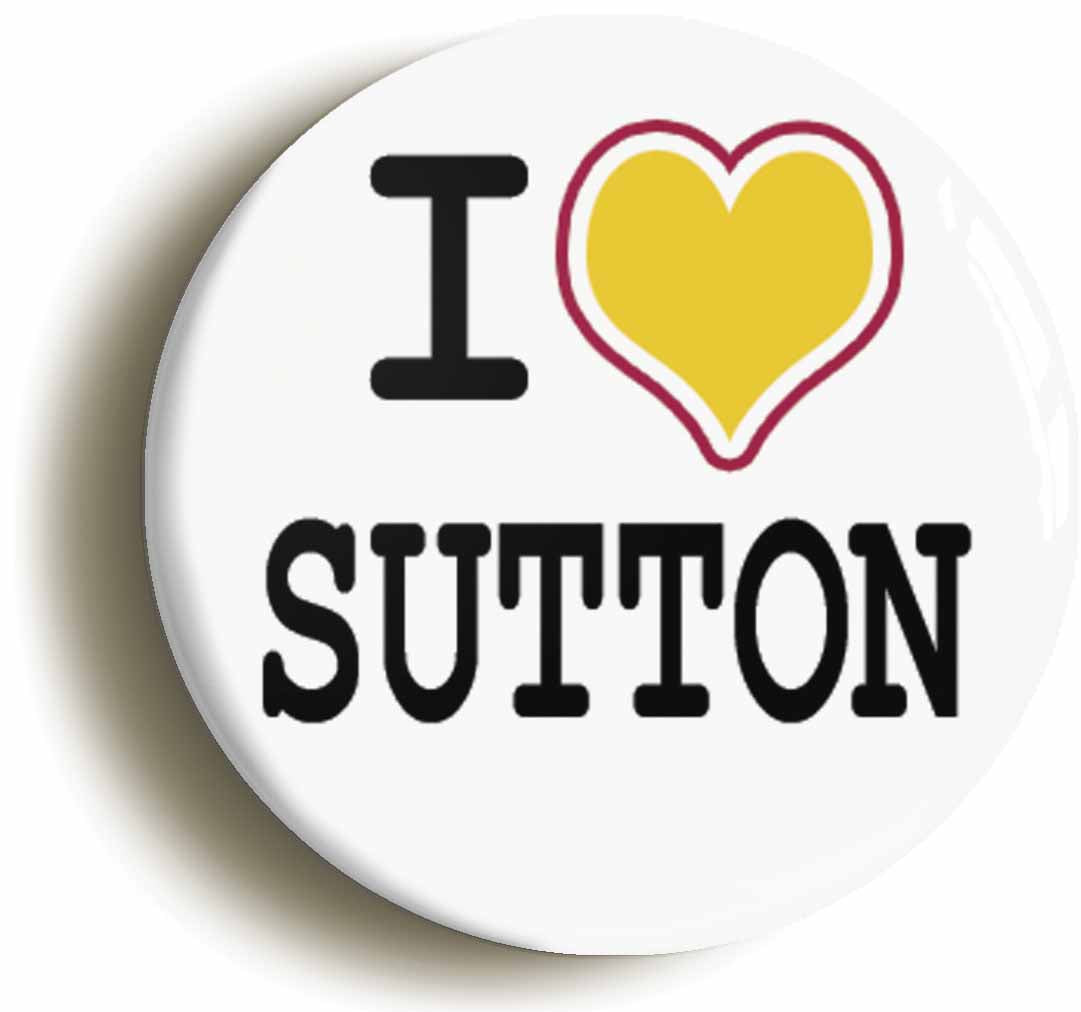 A picture of the front of the product, titled I Heart Love Sutton Circular 50mm Fridge Magnet