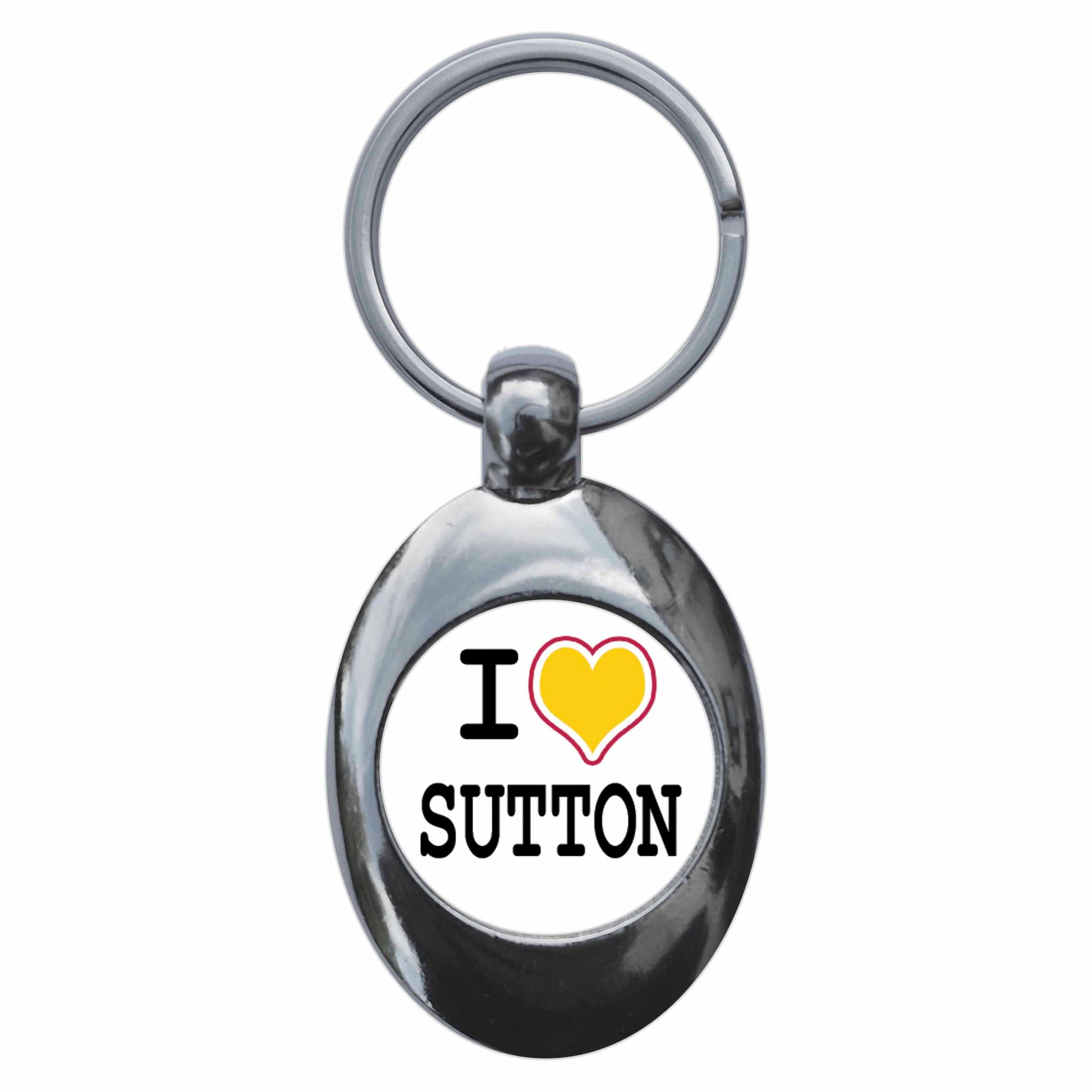 A picture of the front of the product, titled I Heart Love Sutton Metal Keyring With Trolley Coin