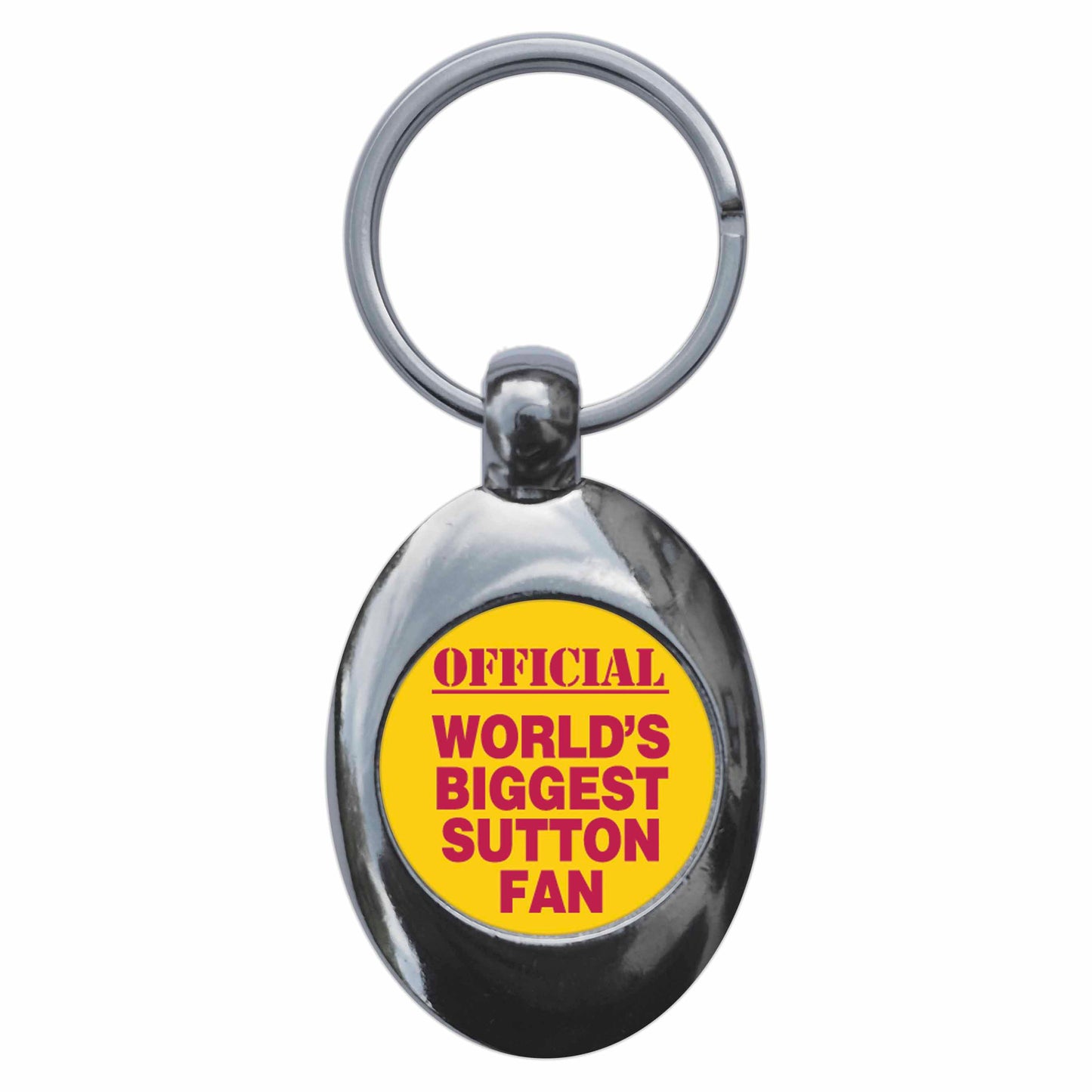 A picture of the front of the product, titled World's Biggest Sutton Fan Metal Keyring With Trolley Coin