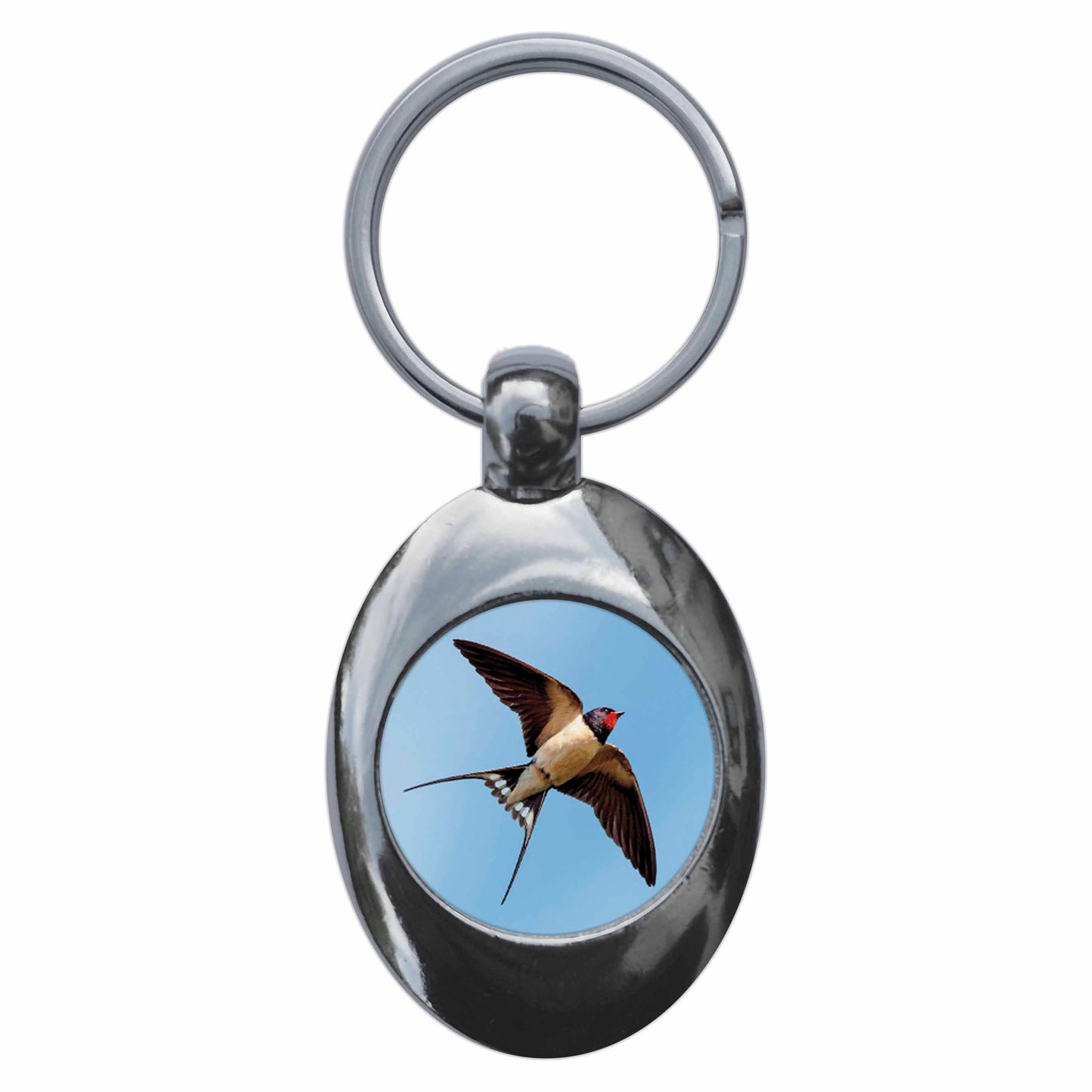 A picture of the front of the product, titled Swallow Metal Keyring With Trolley Coin