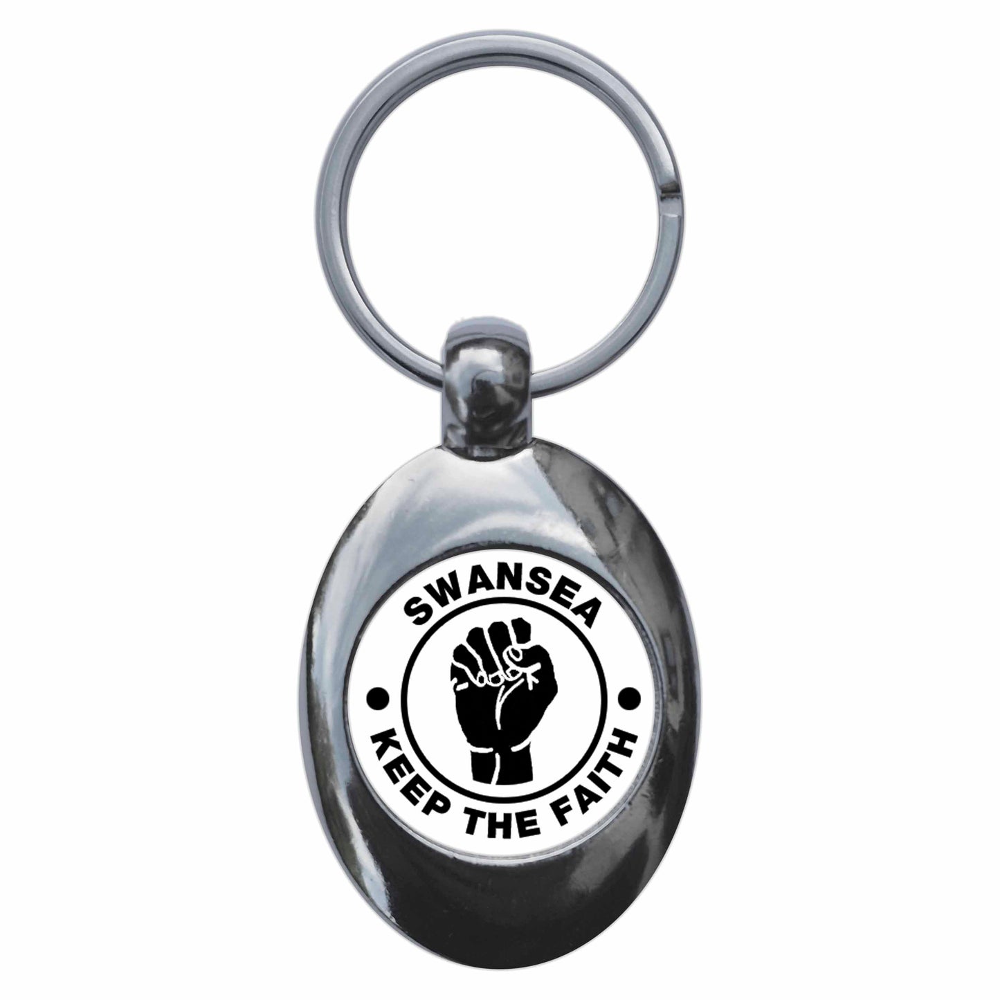 A picture of the front of the product, titled Swansea Keep The Faith Northern Soul Metal Keyring With Trolley Coin