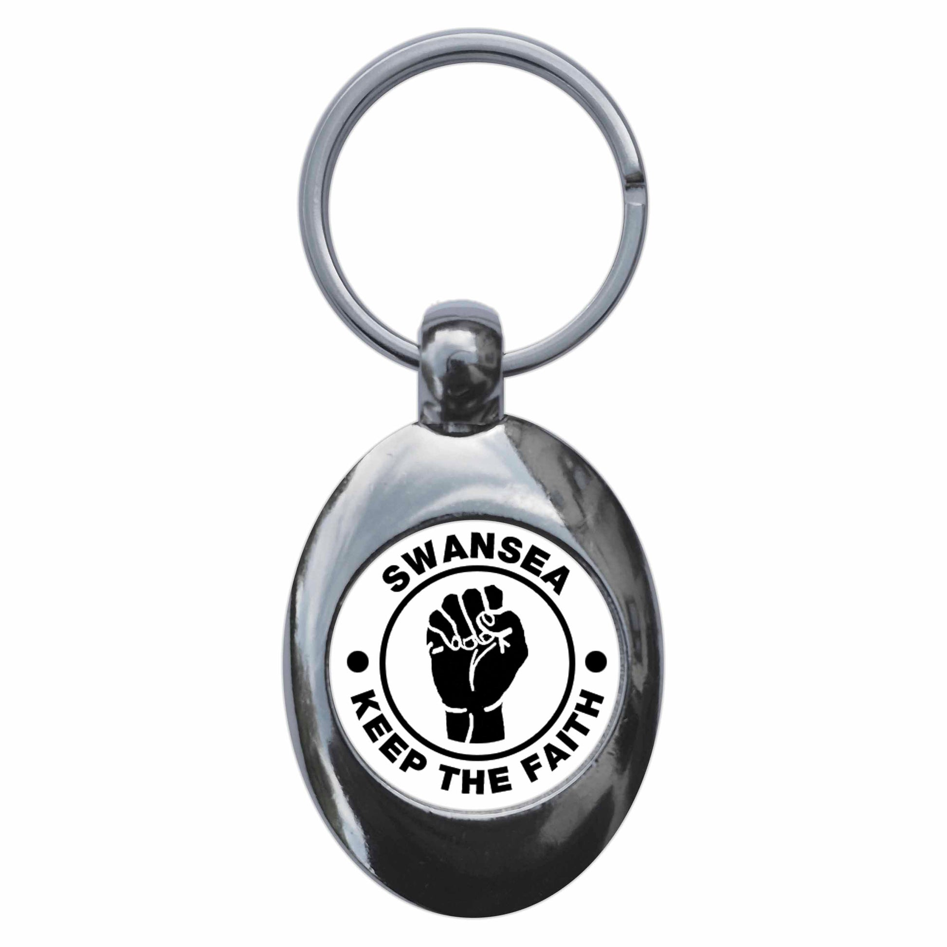 A picture of the front of the product, titled Swansea Keep The Faith Northern Soul Metal Keyring With Trolley Coin