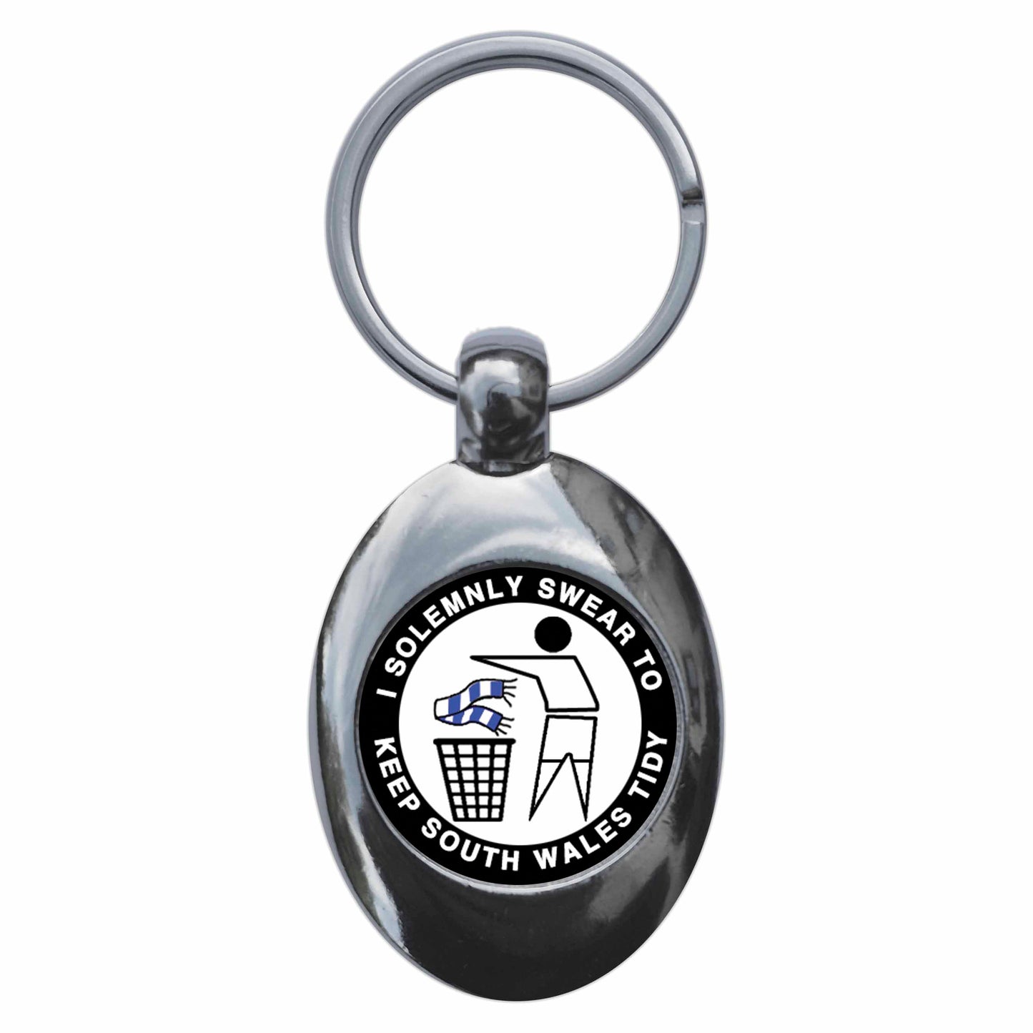 A picture of the front of the product, titled I Solemnly Swear To Keep South Wales Tidy Metal Keyring With Trolley Coin