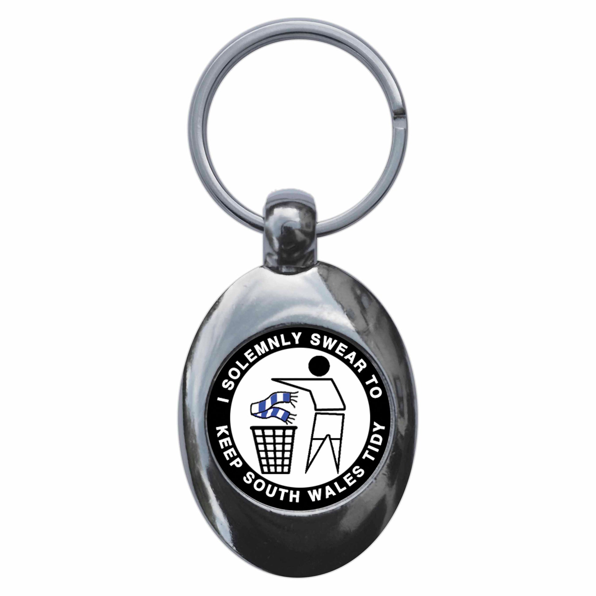 A picture of the front of the product, titled I Solemnly Swear To Keep South Wales Tidy Metal Keyring With Trolley Coin