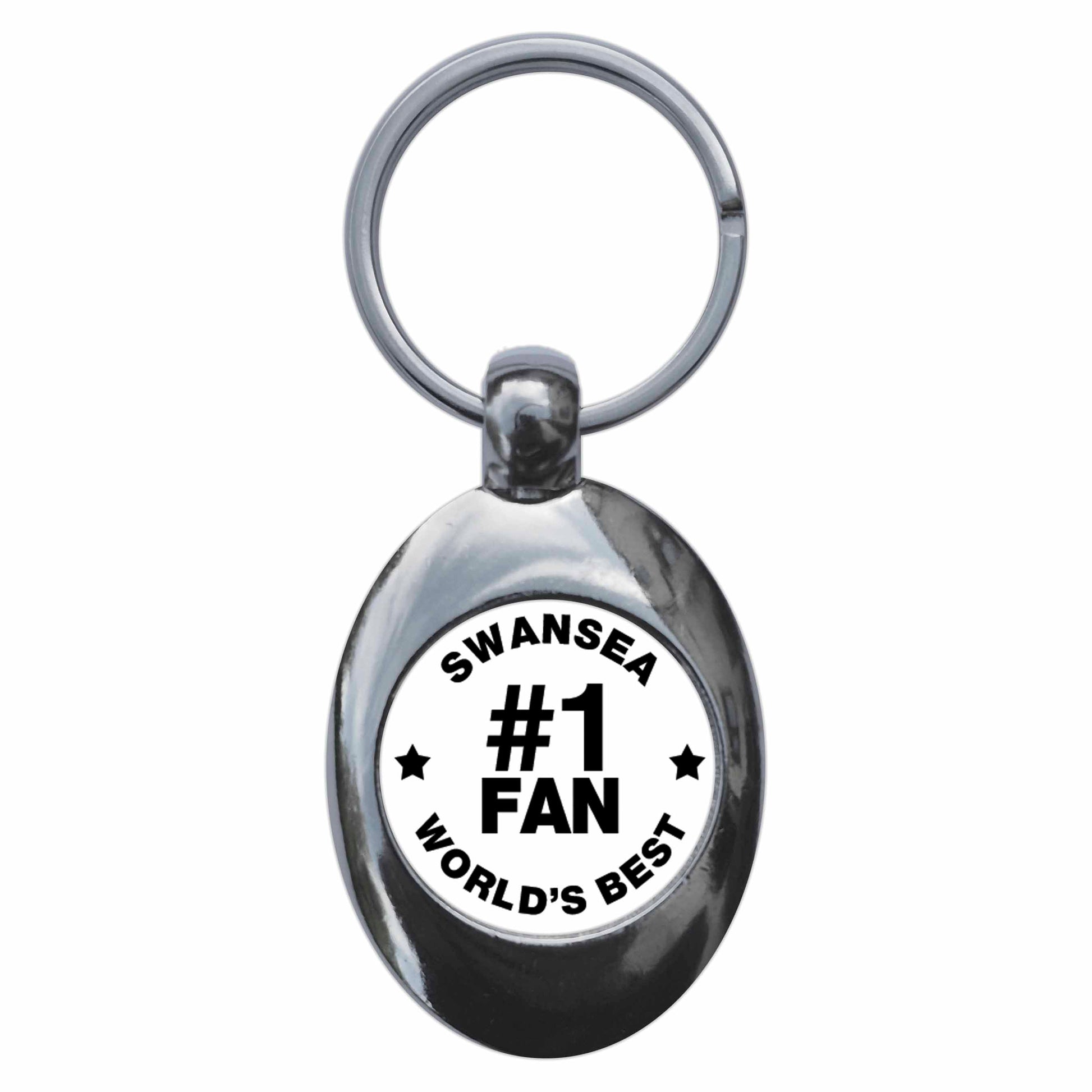 A picture of the front of the product, titled Swansea #1 Fan Metal Keyring With Trolley Coin