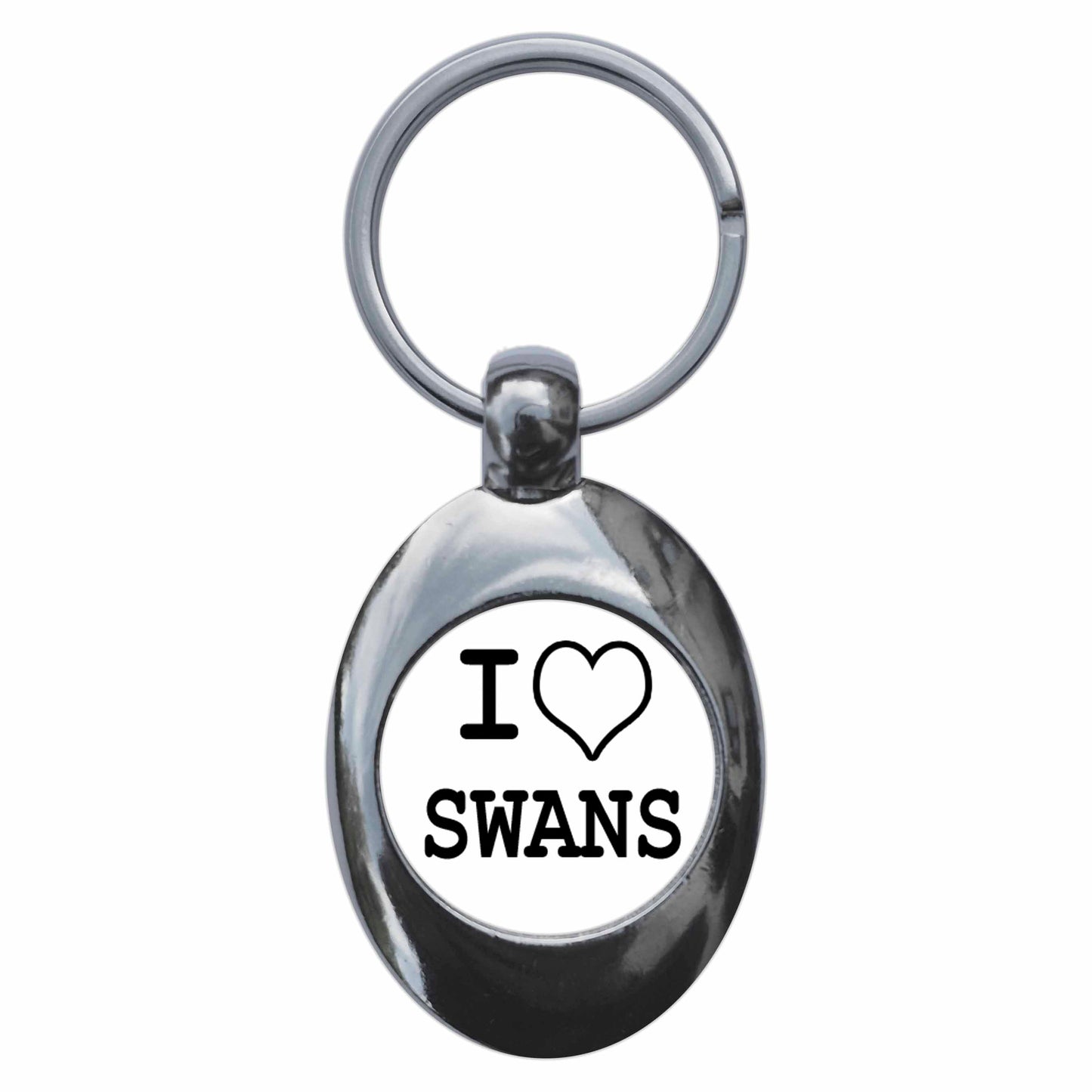 A picture of the front of the product, titled I Heart Love Swans Metal Keyring With Trolley Coin
