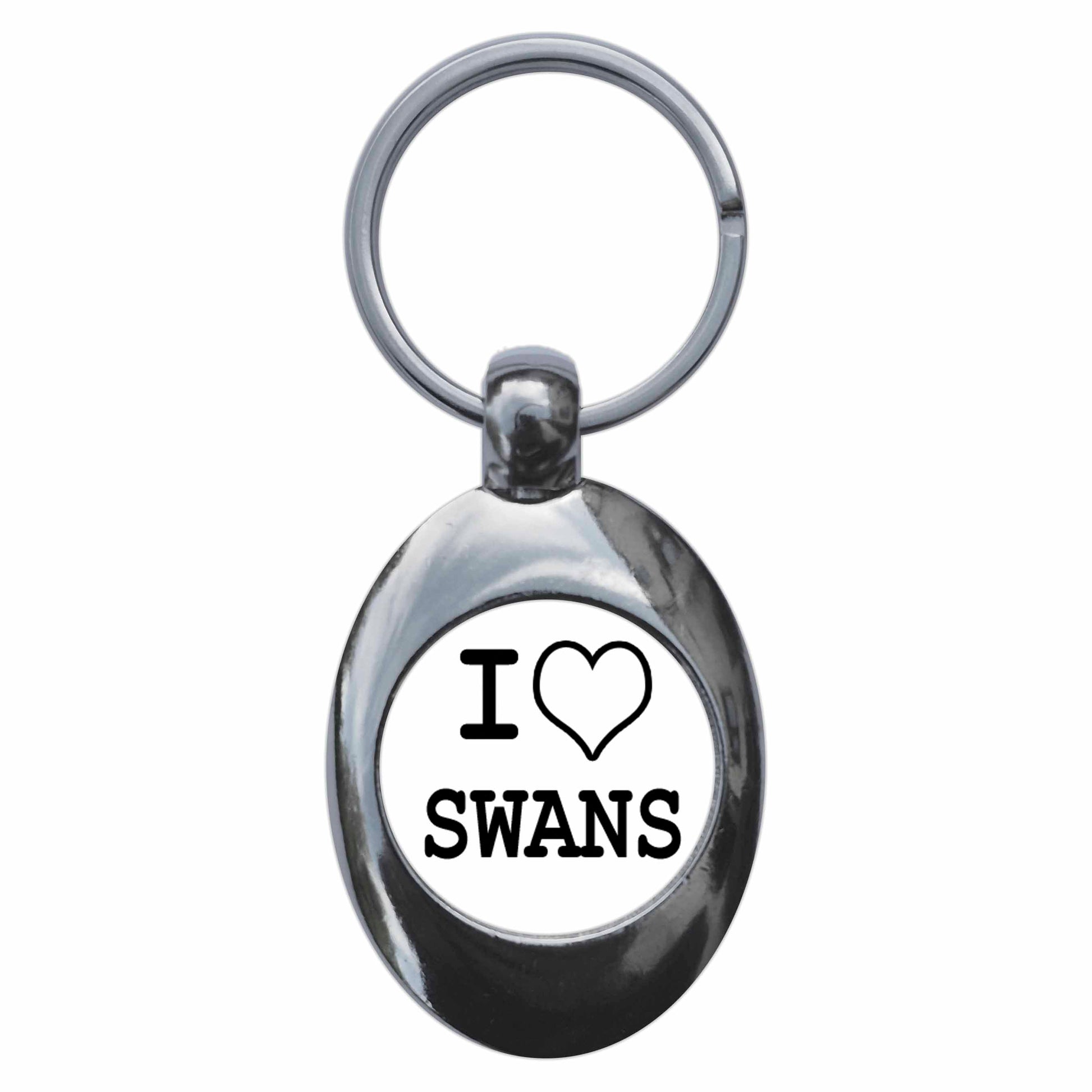 A picture of the front of the product, titled I Heart Love Swans Metal Keyring With Trolley Coin