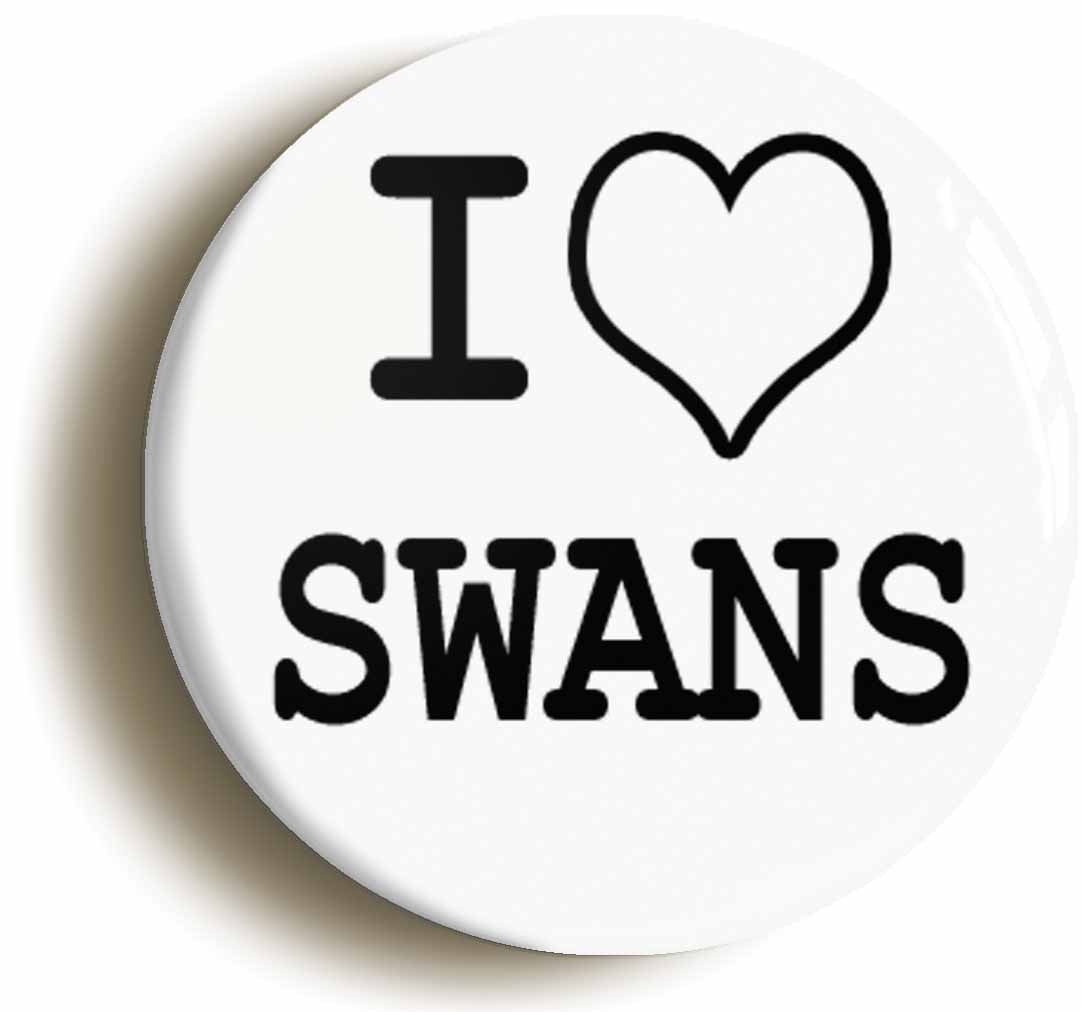 A picture of the front of the product, titled I Heart Love Swans Circular 50mm Fridge Magnet