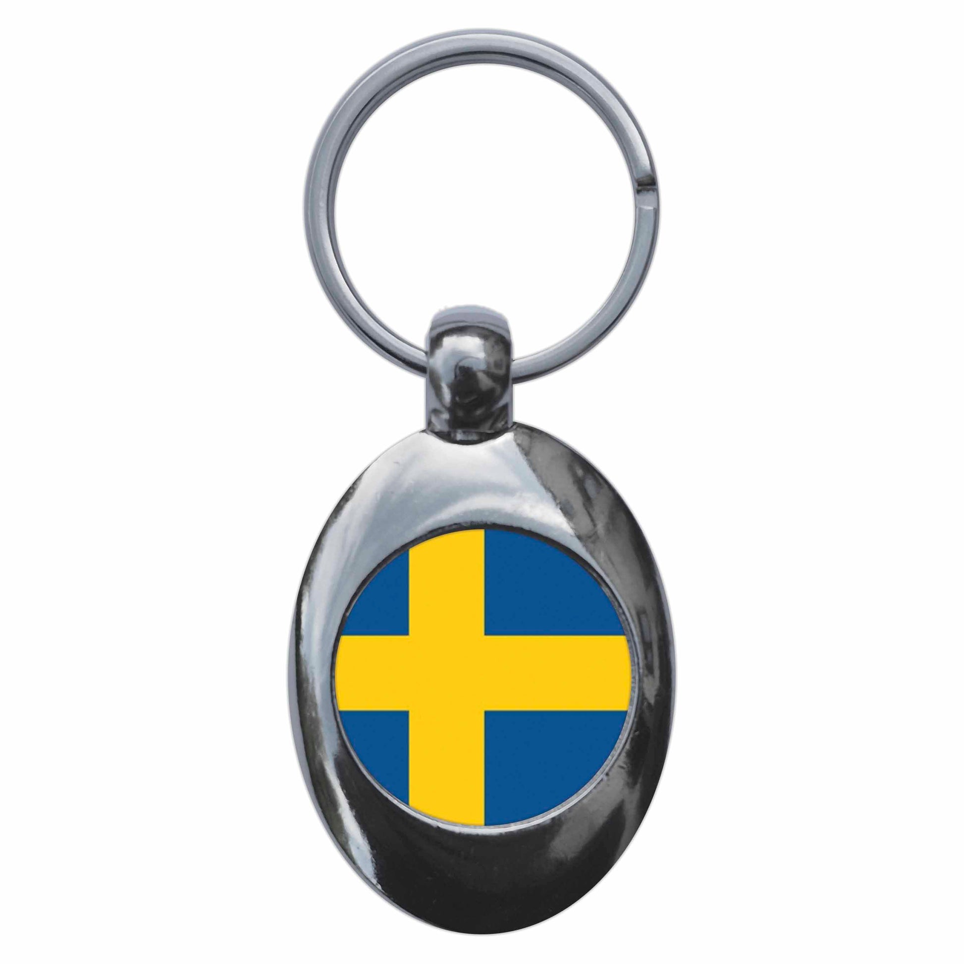 A picture of the front of the product, titled Sweden Swedish National Flag Metal Keyring With Trolley Coin