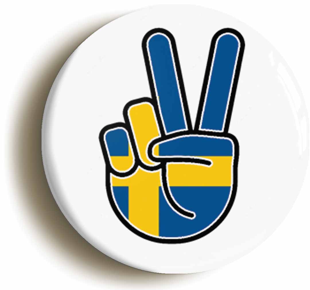 A picture of the front of the product, titled Sweden Swedish National Flag Peace Sign V Button Pin Badge
