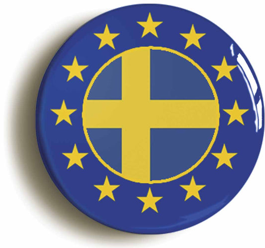A picture of the front of the product, titled Sweden European Union Split Flag Circular 50mm Fridge Magnet