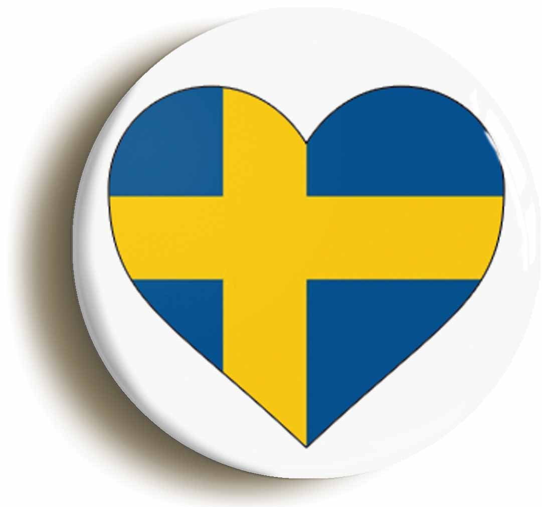 A picture of the front of the product, titled Sweden Swedish Flag Heart Button Pin Badge