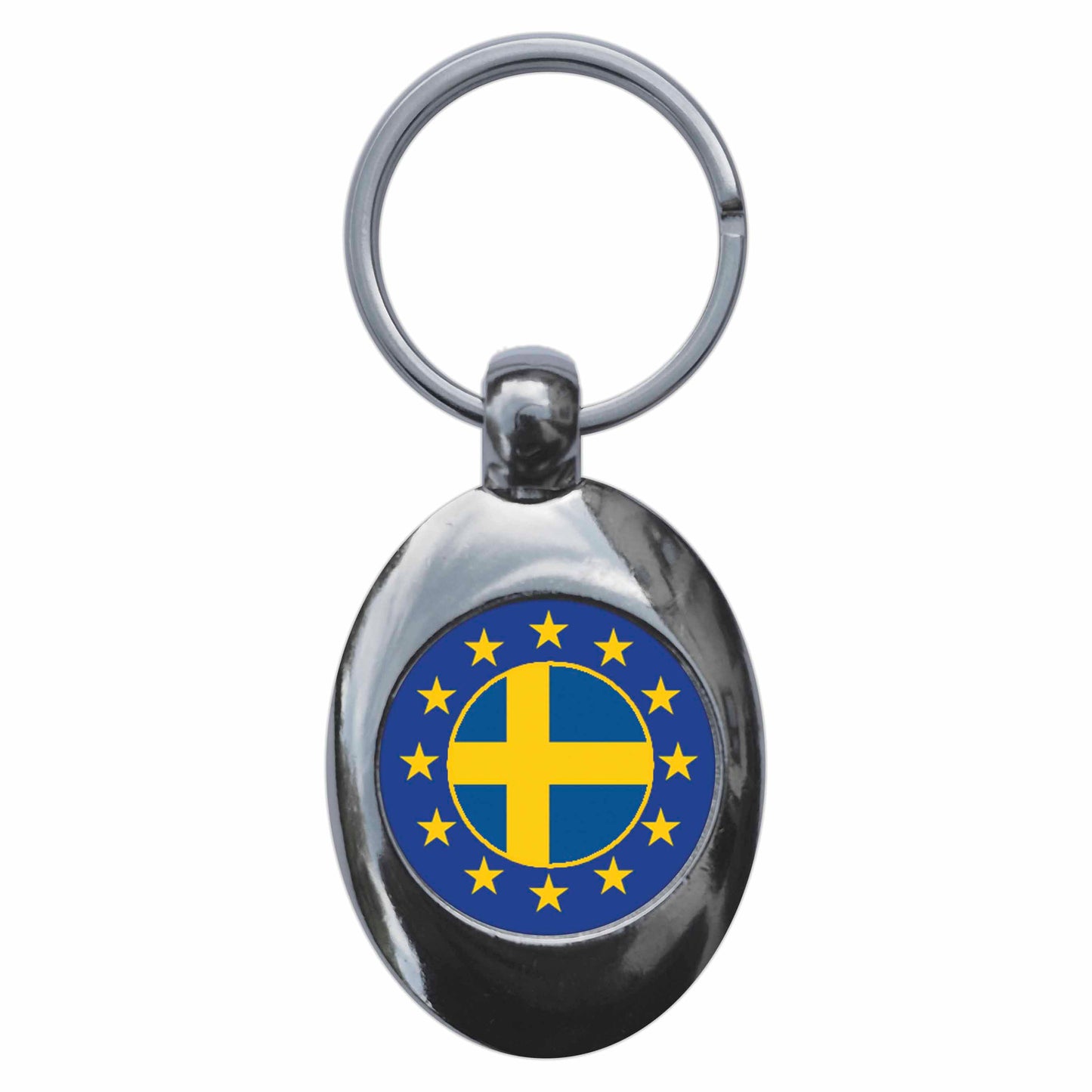 A picture of the front of the product, titled Sweden European Union Split Flag Metal Keyring With Trolley Coin
