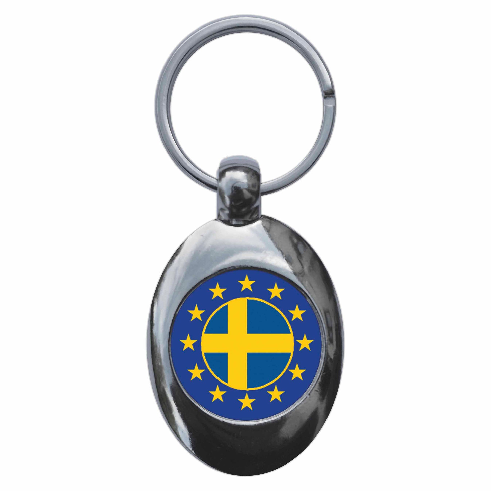 A picture of the front of the product, titled Sweden European Union Split Flag Metal Keyring With Trolley Coin