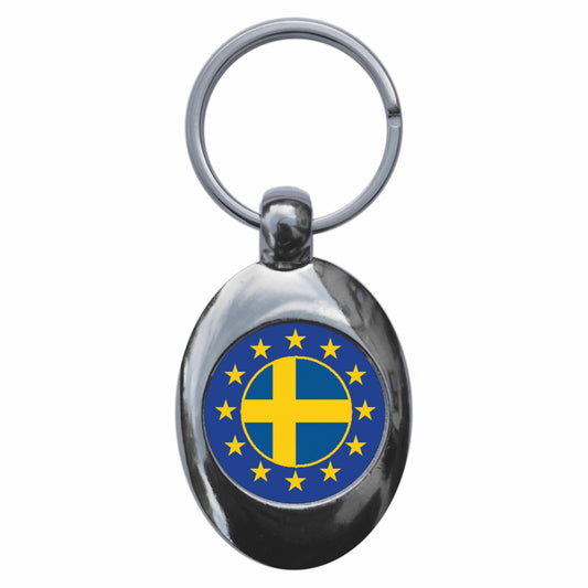 A picture of the front of the product, titled Sweden European Union Split Flag Metal Keyring With Trolley Coin