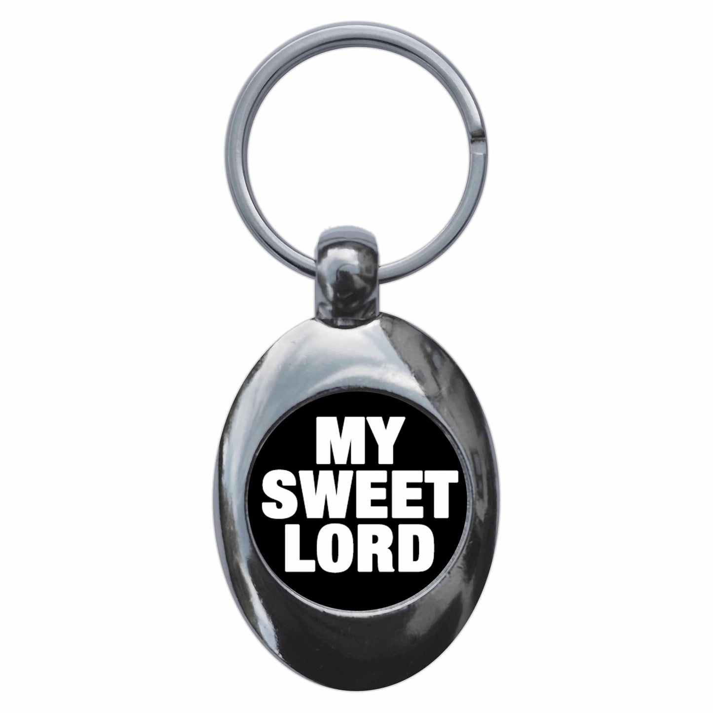 A picture of the front of the product, titled My Sweet Lord Metal Keyring With Trolley Coin