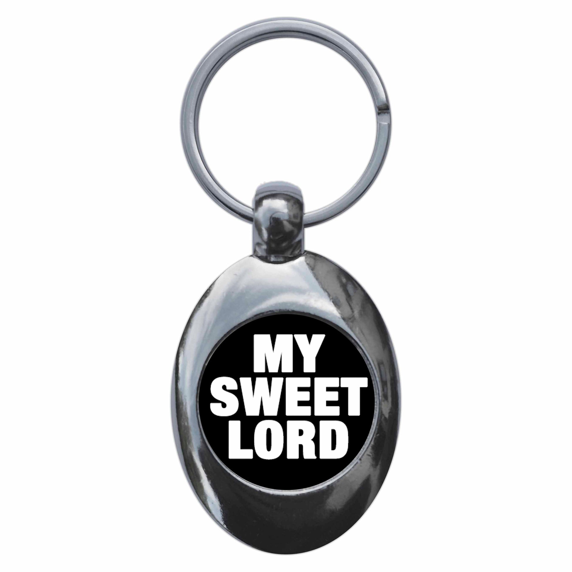 A picture of the front of the product, titled My Sweet Lord Metal Keyring With Trolley Coin