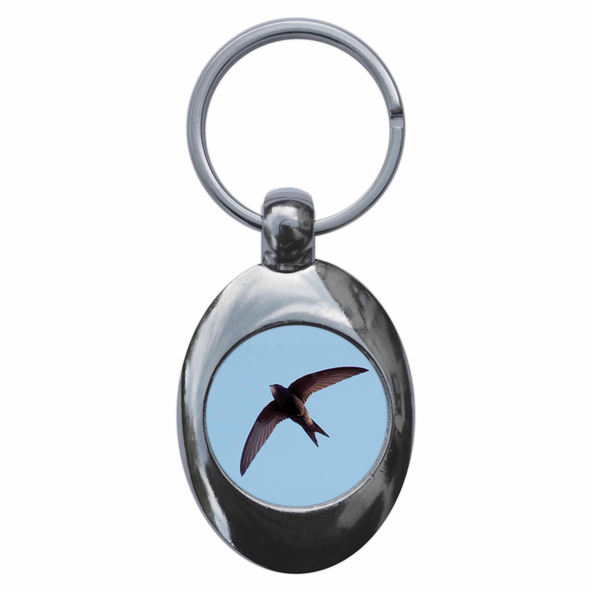 A picture of the front of the product, titled Swift Metal Keyring With Trolley Coin