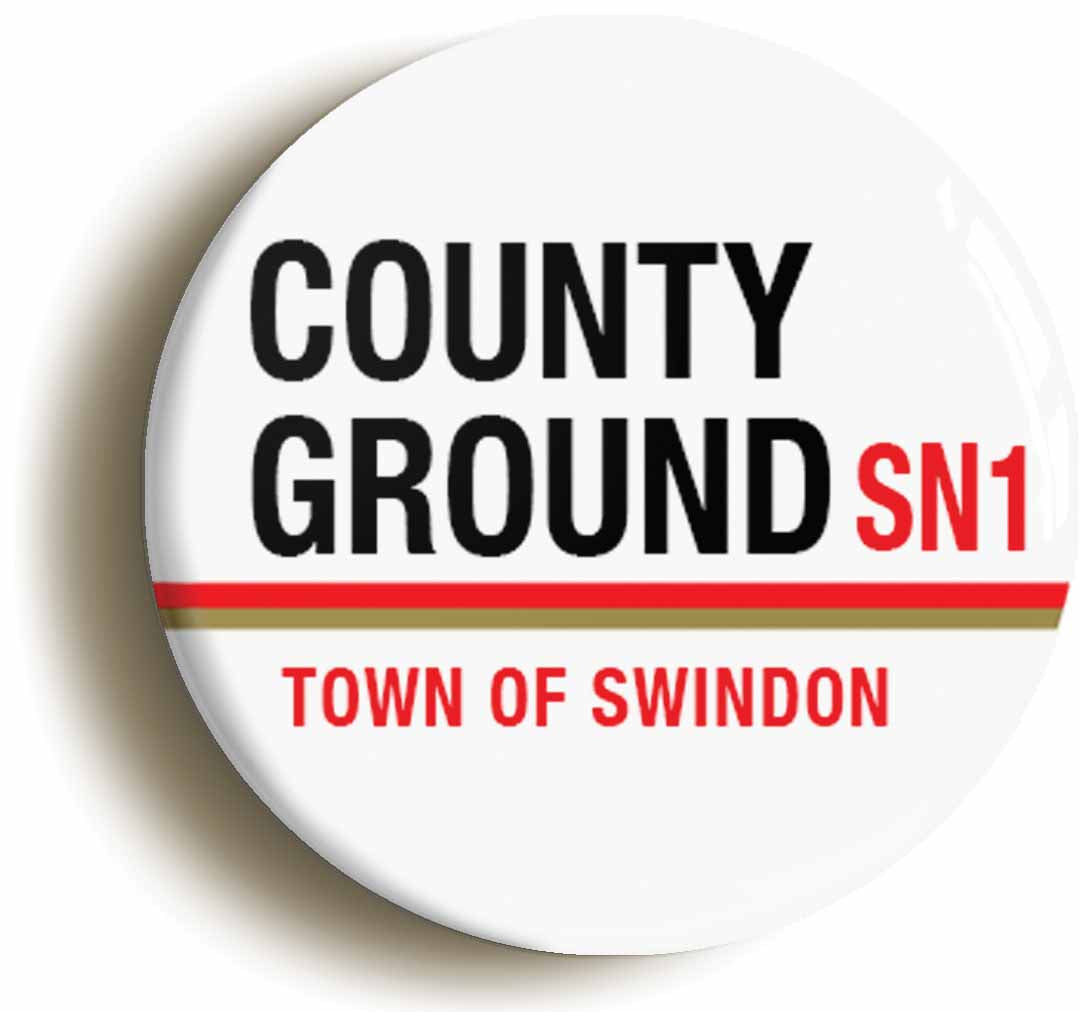 A picture of the front of the product, titled County Ground SN1 Swindon Road Sign Button Pin Badge