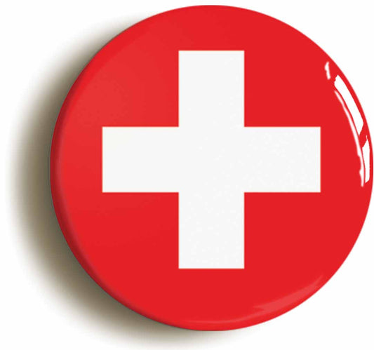 A picture of the front of the product, titled Switzerland Swiss National Flag Button Pin Badge