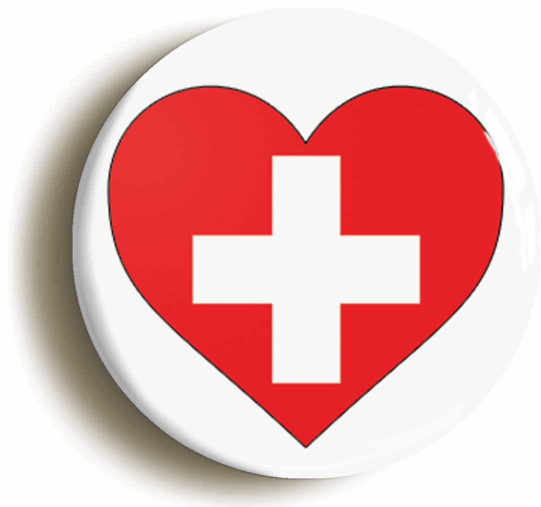 A picture of the front of the product, titled Switzerland Swiss Flag Heart Button Pin Badge