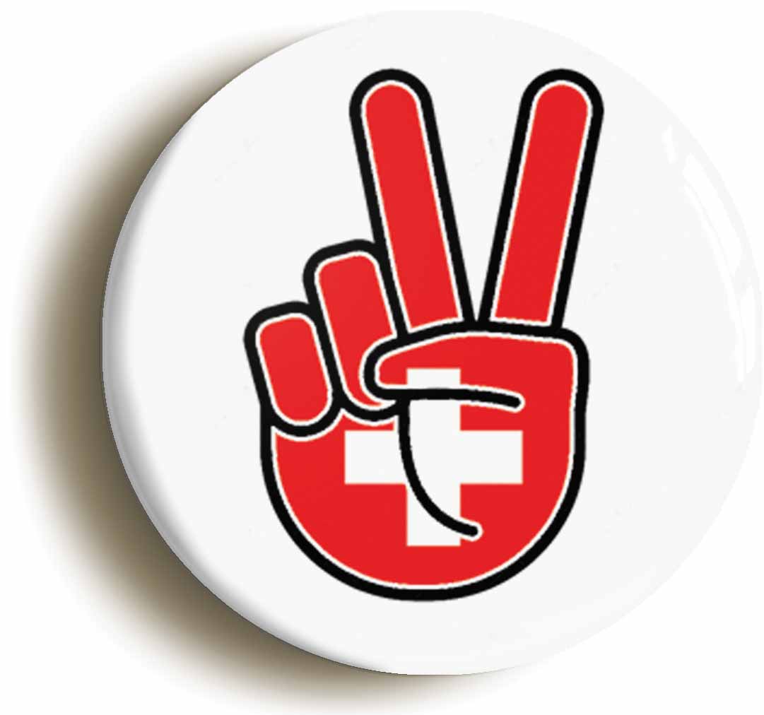 A picture of the front of the product, titled Switzerland Swiss National Flag Peace Sign V Button Pin Badge