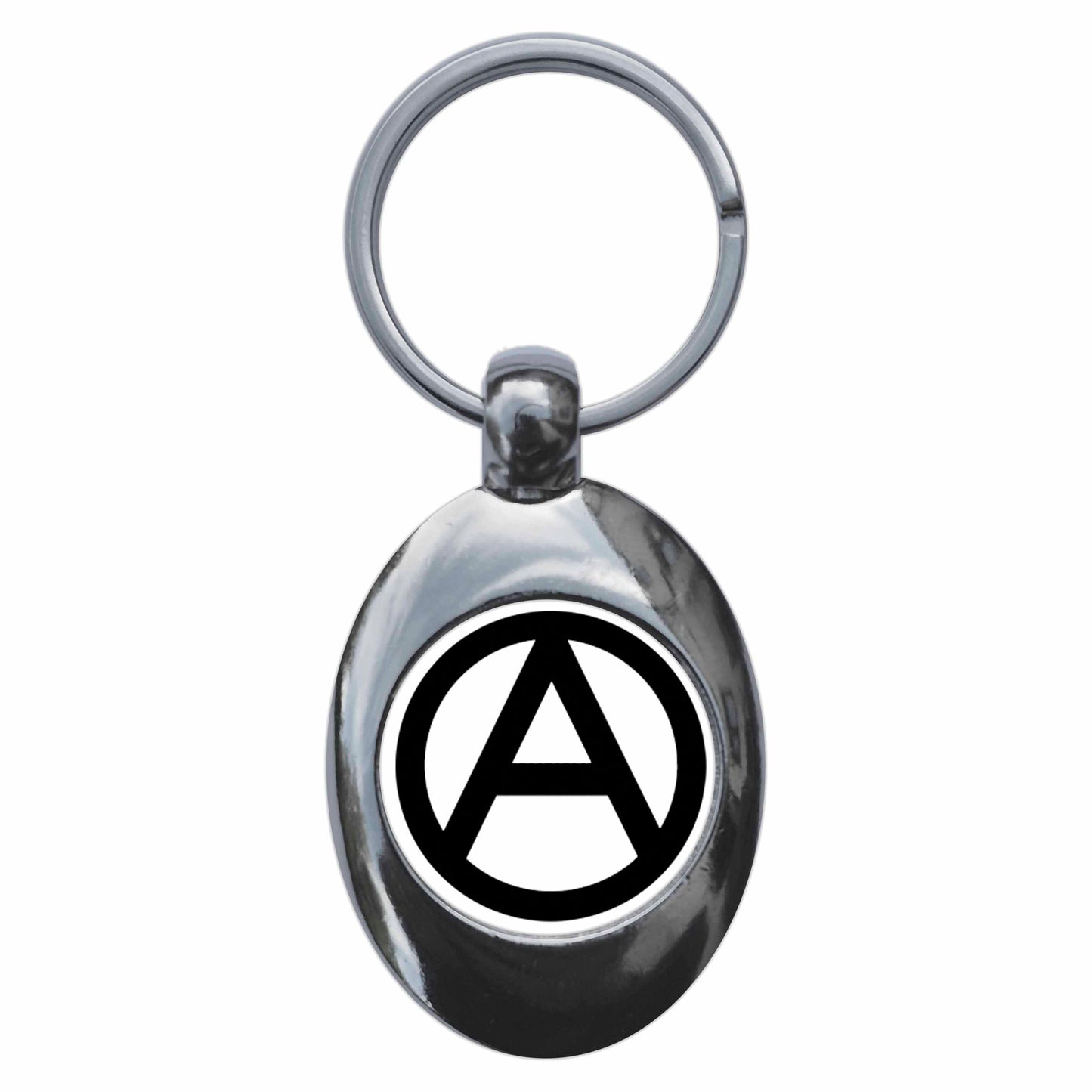 A picture of the front of the product, titled Anarchism Symbol Metal Keyring With Trolley Coin