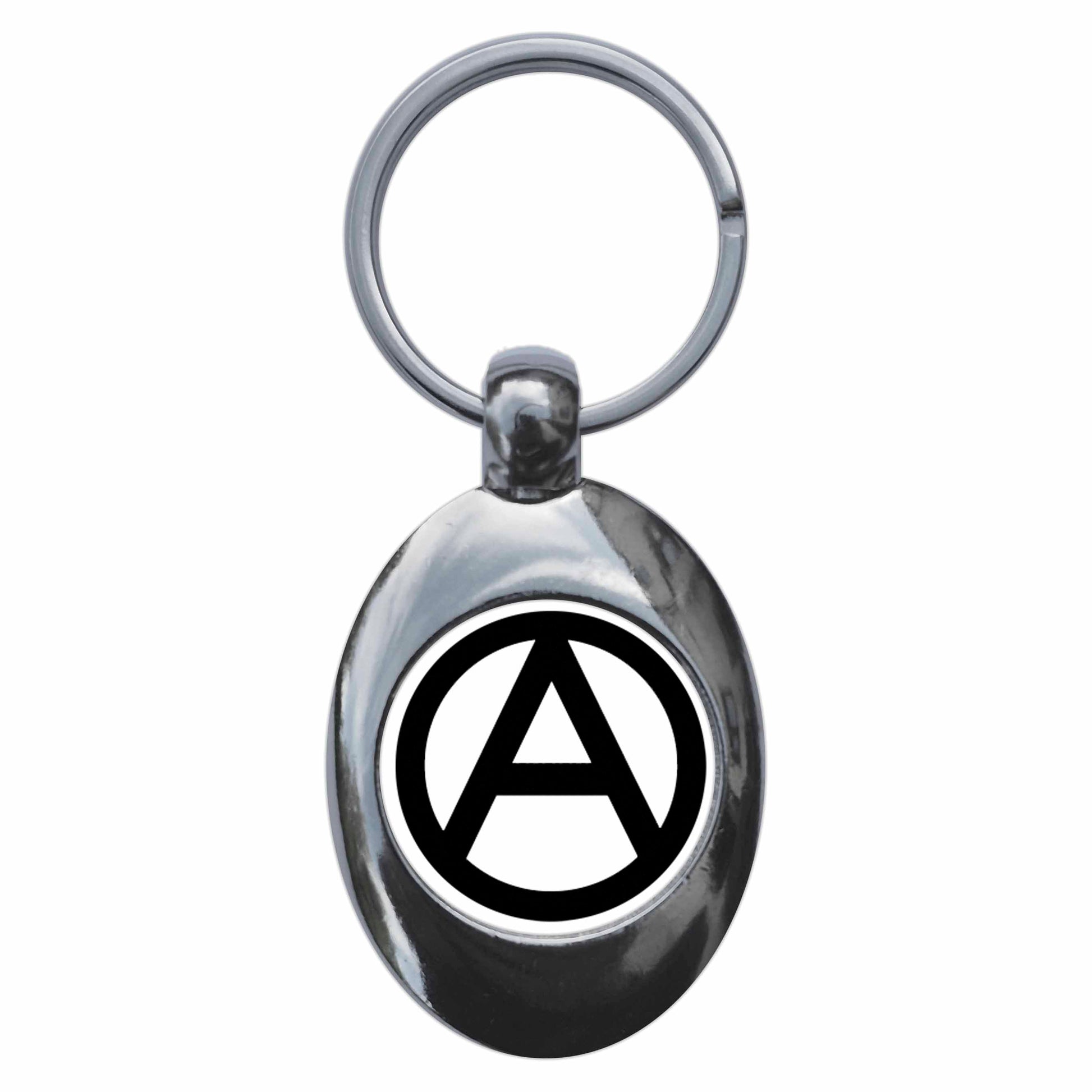 A picture of the front of the product, titled Anarchism Symbol Metal Keyring With Trolley Coin