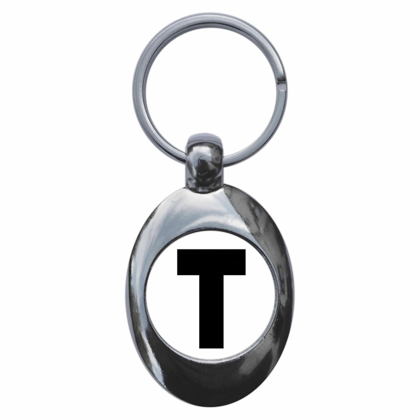 A picture of the front of the product, titled Letter T Metal Keyring With Trolley Coin