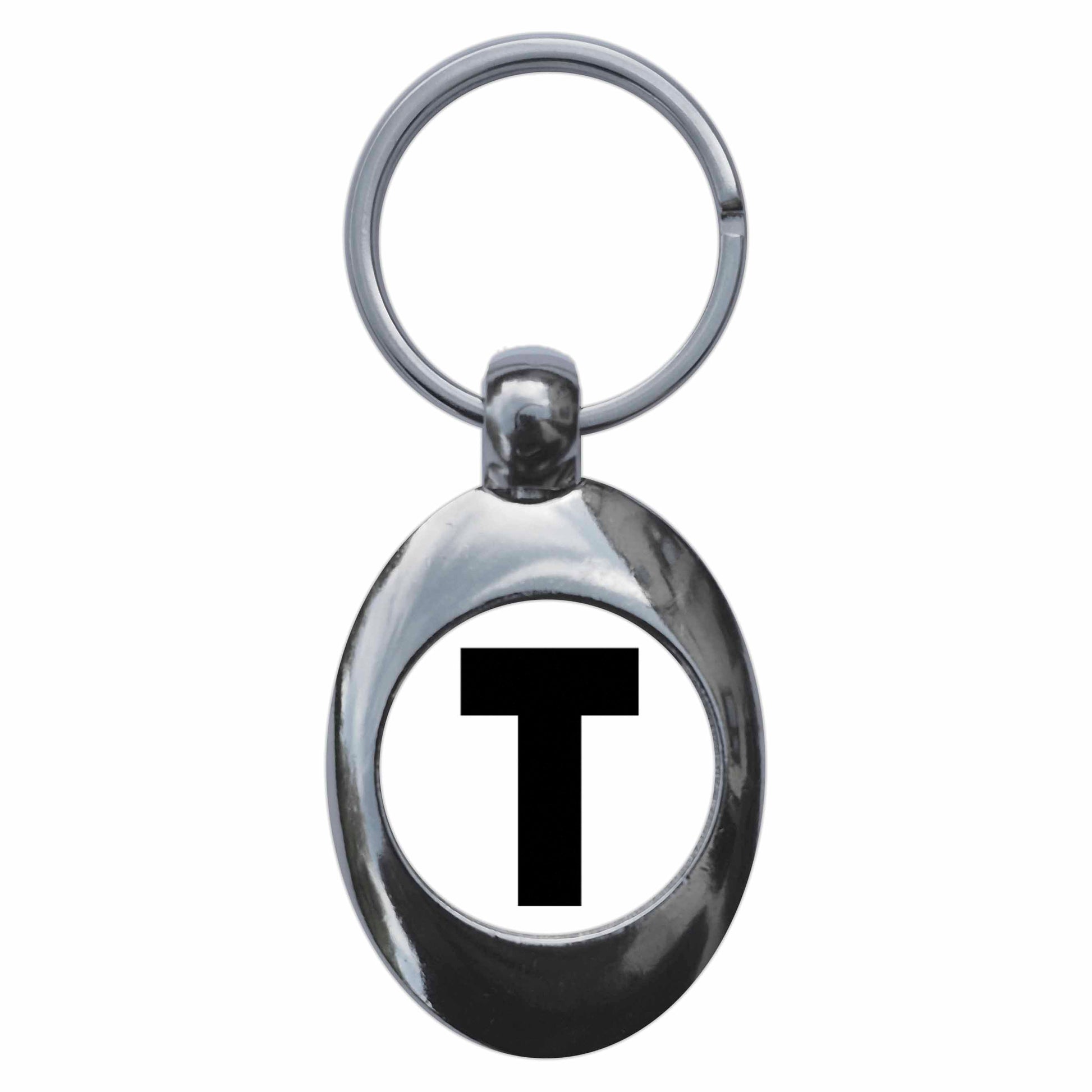 A picture of the front of the product, titled Letter T Metal Keyring With Trolley Coin