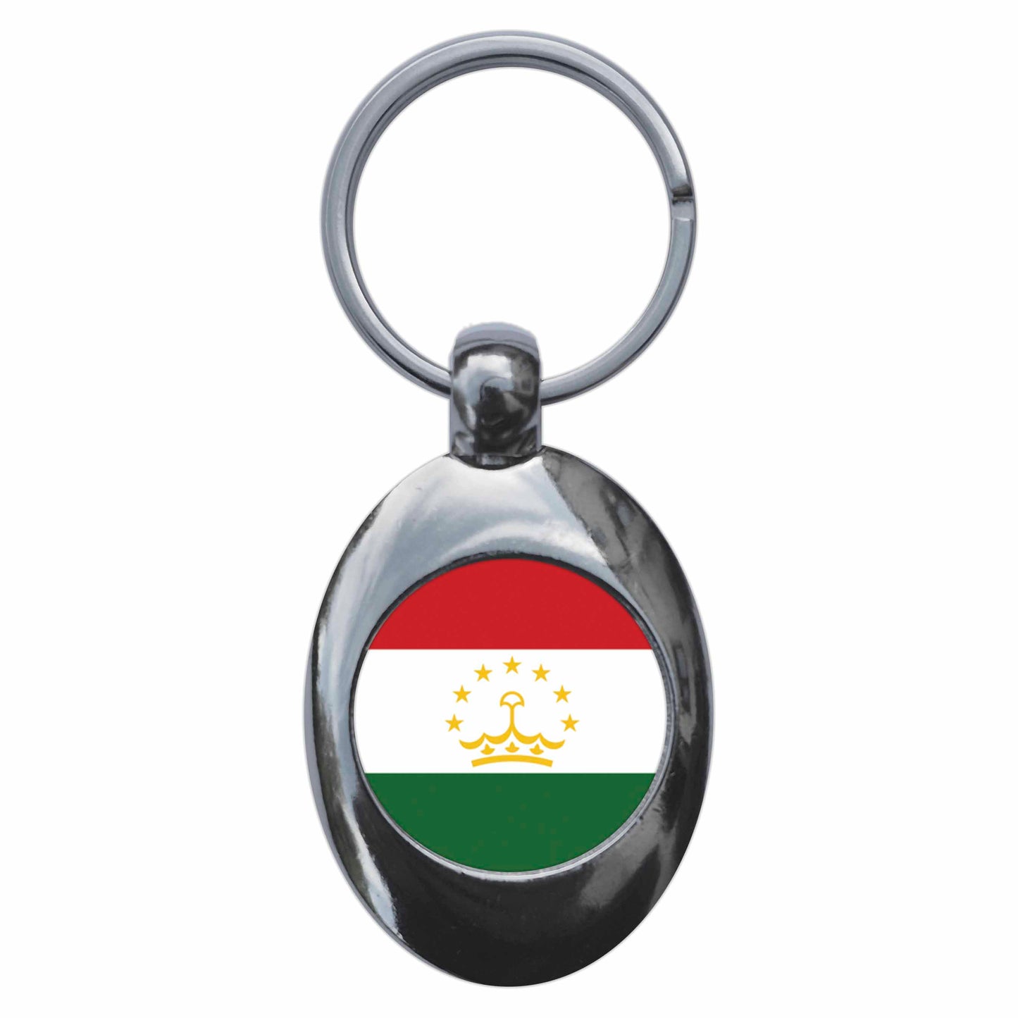 A picture of the front of the product, titled Tajikistan Tajikistani National Flag Metal Keyring With Trolley Coin