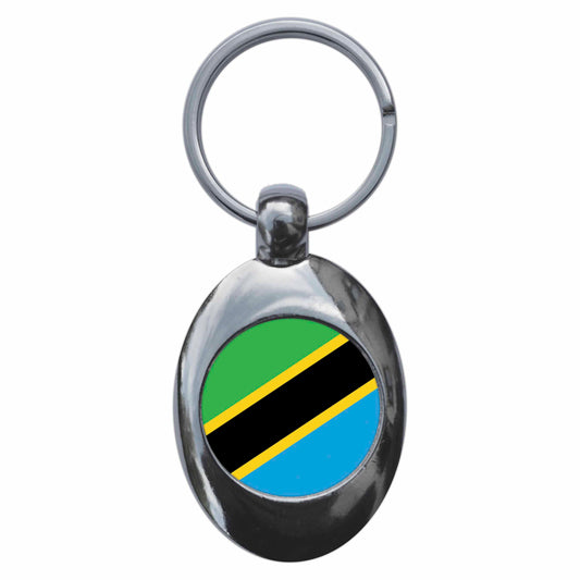 A picture of the front of the product, titled Tanzania Tanzanian National Flag Metal Keyring With Trolley Coin