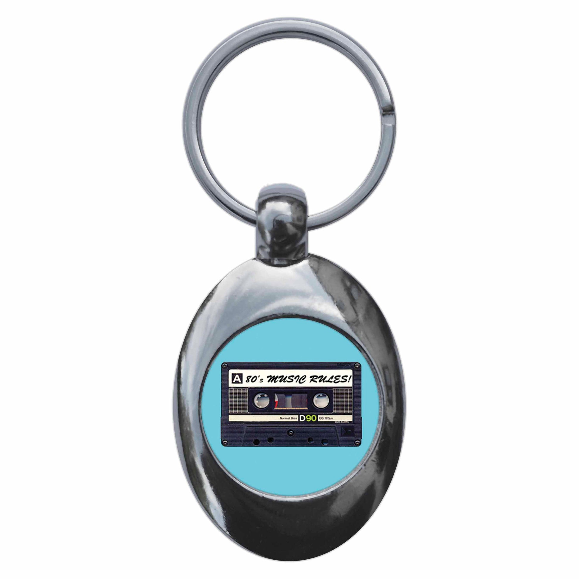 A picture of the front of the product, titled Eighties Music Cassette Tape Metal Keyring With Trolley Coin