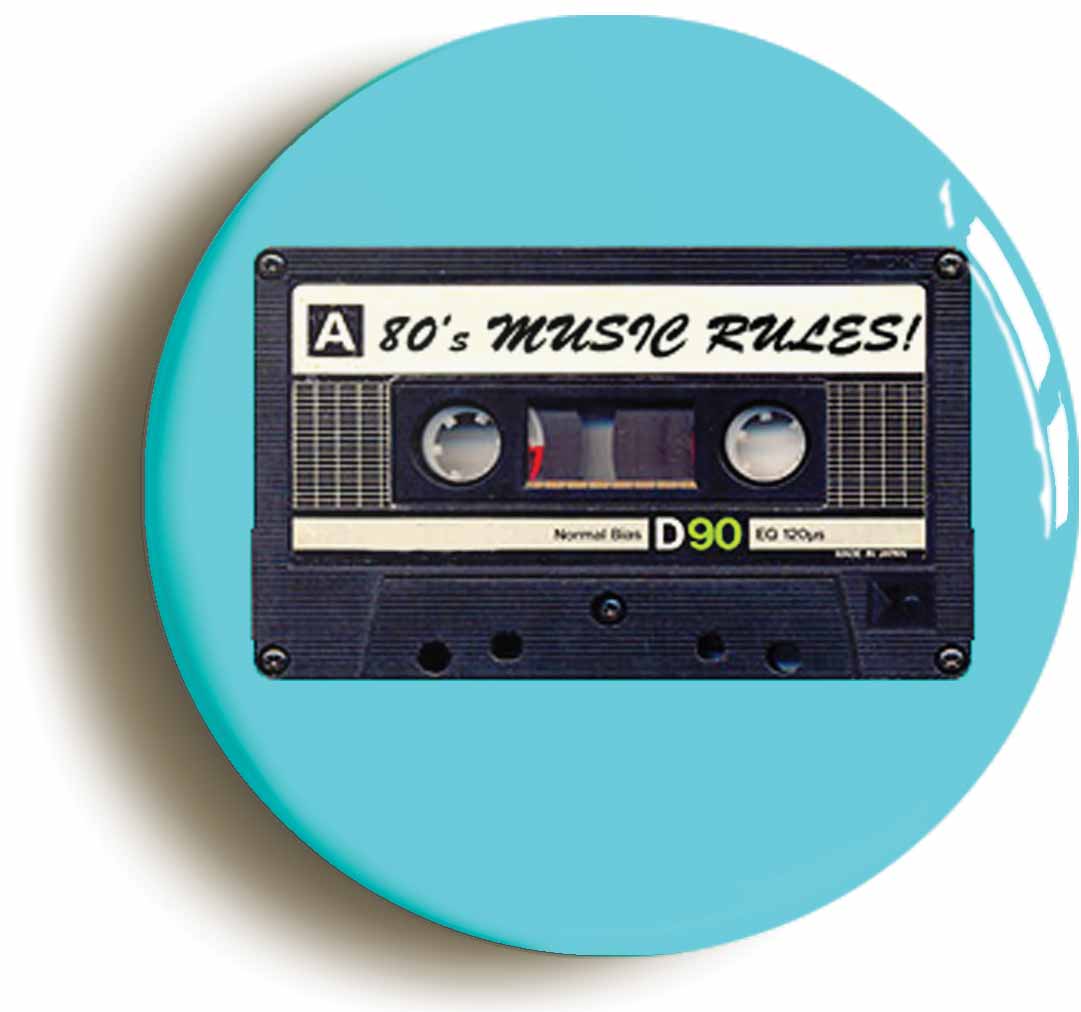 A picture of the front of the product, titled Eighties Music Cassette Tape Circular 50mm Fridge Magnet