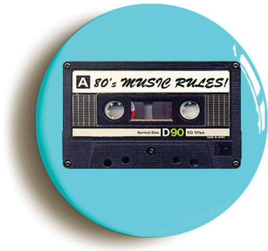 A picture of the front of the product, titled Eighties Music Cassette Tape Circular 50mm Fridge Magnet