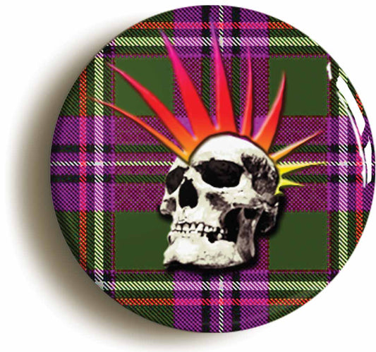 A picture of the front of the product, titled Punk Skull On Scottish Tartan Button Pin Badge