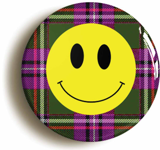 A picture of the front of the product, titled Tartan Happy Smiling Acid House Eighties Button Pin Badge