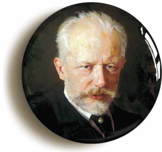A picture of the front of the product, titled Tchaikovsky Romantic Classical Music Button Pin Badge