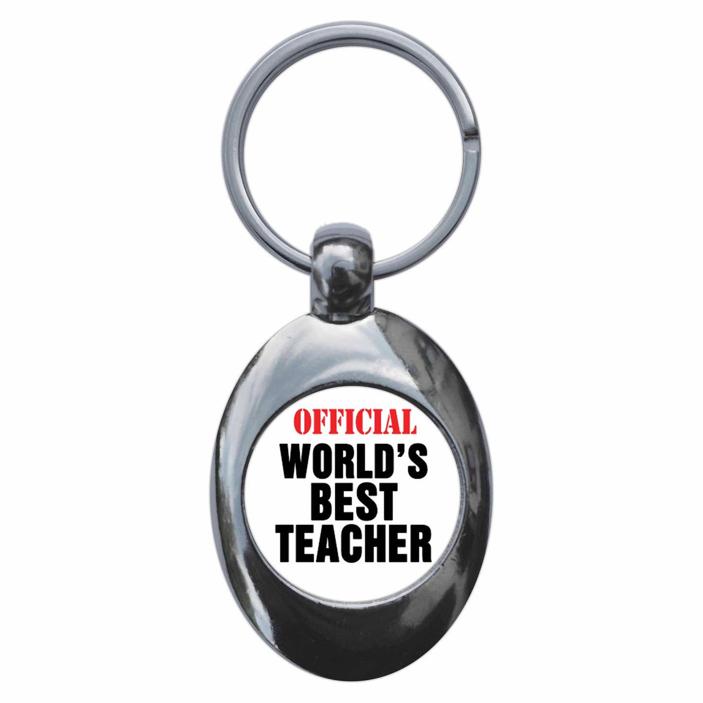 A picture of the front of the product, titled Official World's Best Teacher Metal Keyring With Trolley Coin