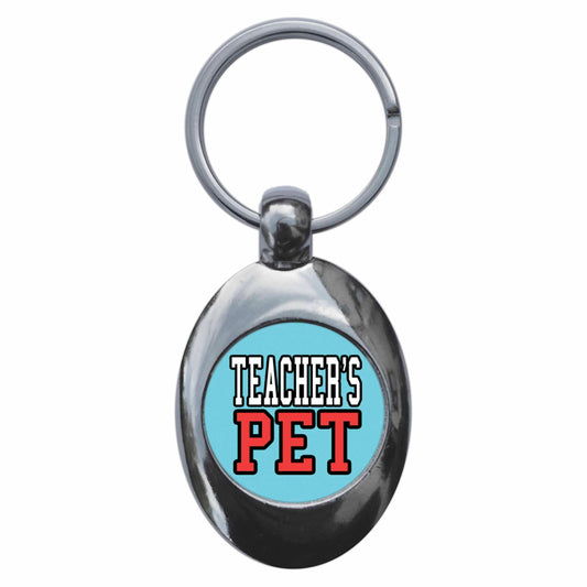 A picture of the front of the product, titled Teacher's Pet School Metal Keyring With Trolley Coin