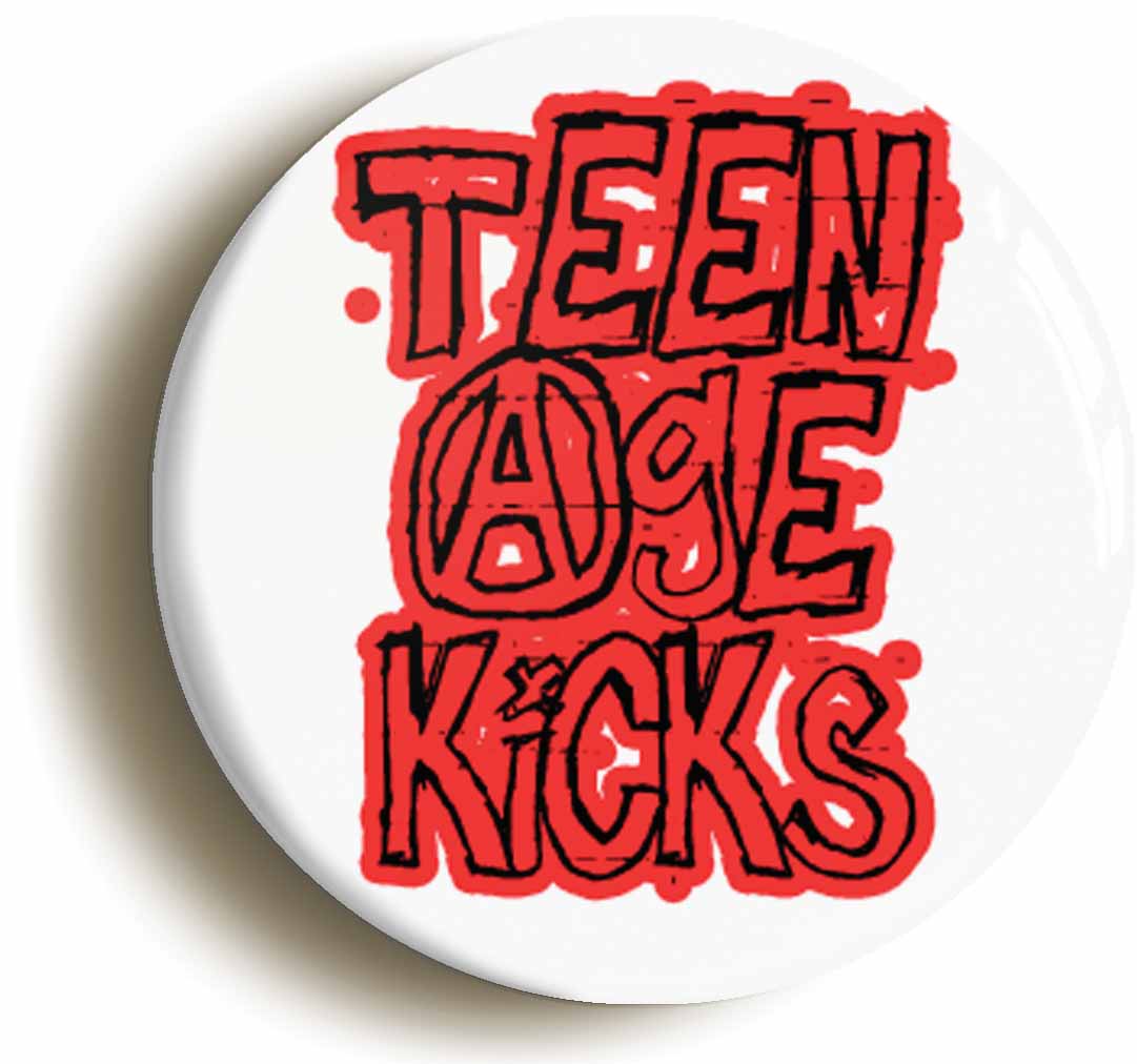A picture of the front of the product, titled Teenage Kicks Punk Button Pin Badge